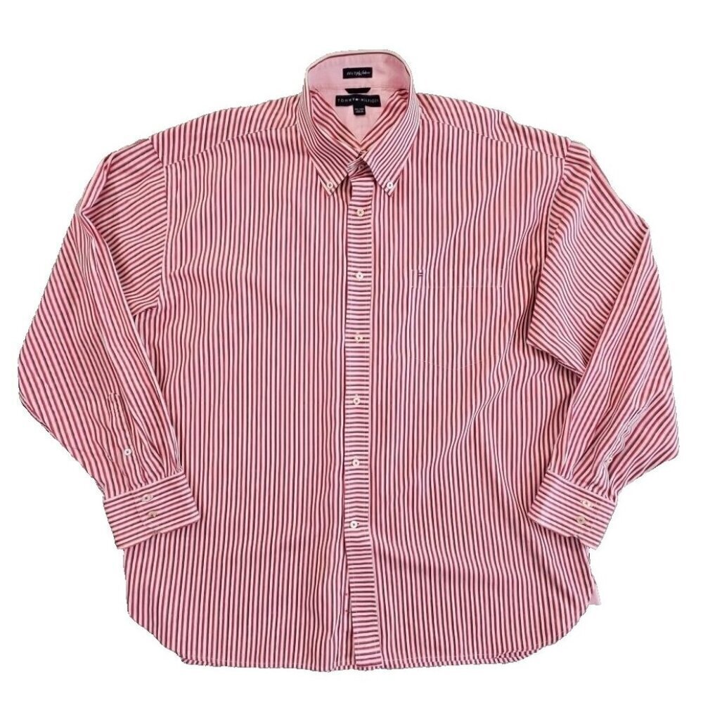 Tommy Hilfiger Shirt‎ Men's XXL Red White Stripe LS Button-Down Vintage EUC LN